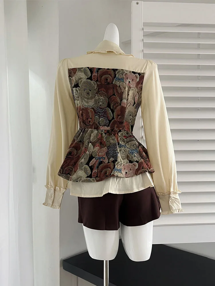 Блузка и шорты в американском стиле с принтом медведя эластичным поясом