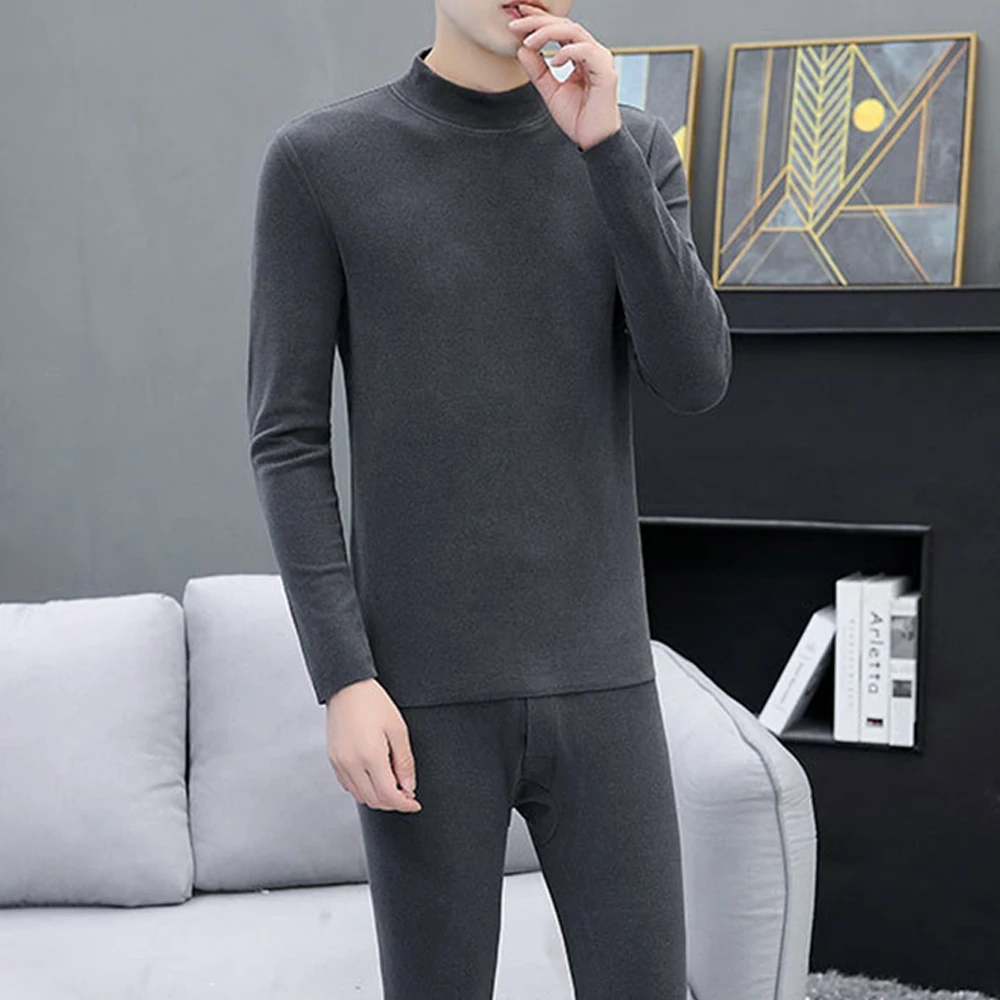 

Men's Thermal Underwear Winter Half-high Collar Slim Autumn Clothes And Pants Set Turtleneck Fleece Thermal Warm Slim Tops Pants