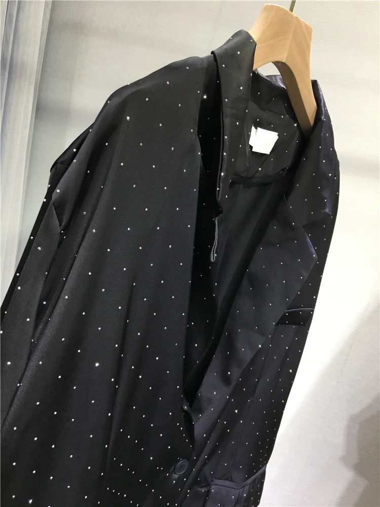 Heavy Industry Diamond Black Suit Jacket for Women 2023 Spring and Autumn Classic Full Diamond V-neck Loose Mid-Length Cardigan