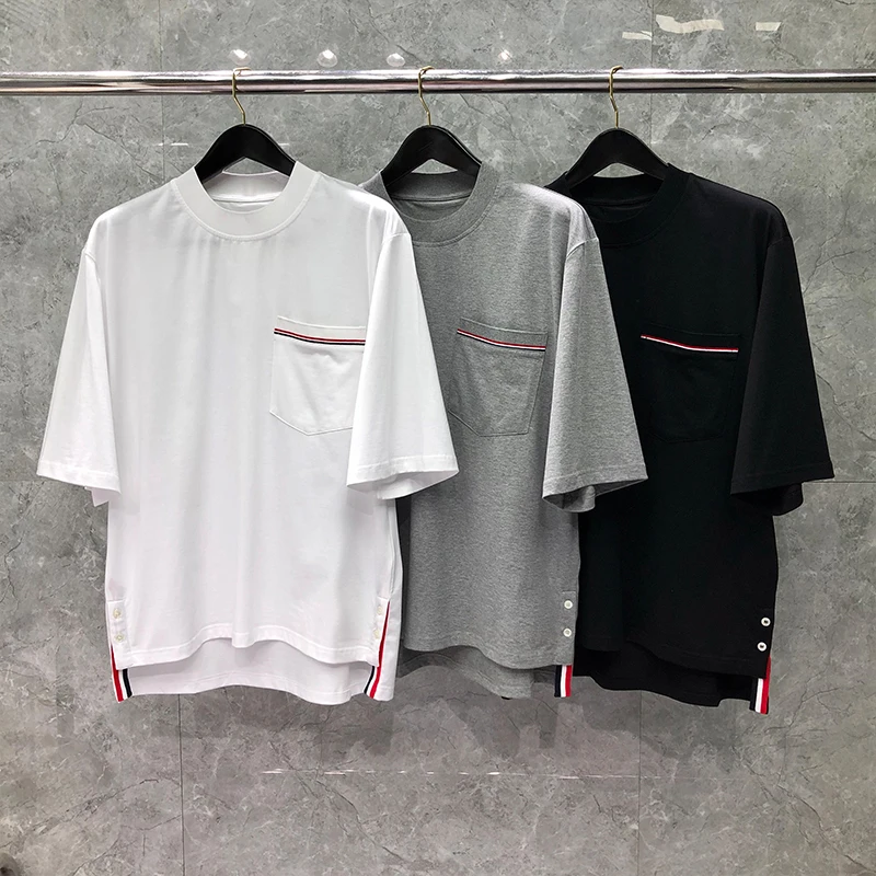 

Футболка TB THOM мужская с коротким рукавом, модная брендовая хлопковая Повседневная рубашка свободного покроя, Однотонная футболка оверсайз ...