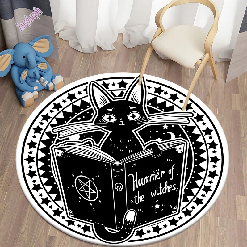Black Cat Printed Round Carpet Camping Picnic Mats Anti-Slip Rug Yoga Mat E-sports Carpet Sofa Decoration Area Rug Fans gift