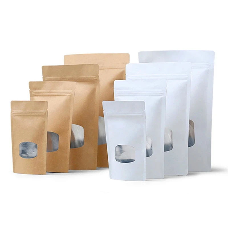 50pcs 3D White Kraft Paper Window Zip Lock Bag Reclosable Foil Inlay Ground Coffee Snack Tea Chocolate Gift Packaging Pouches |