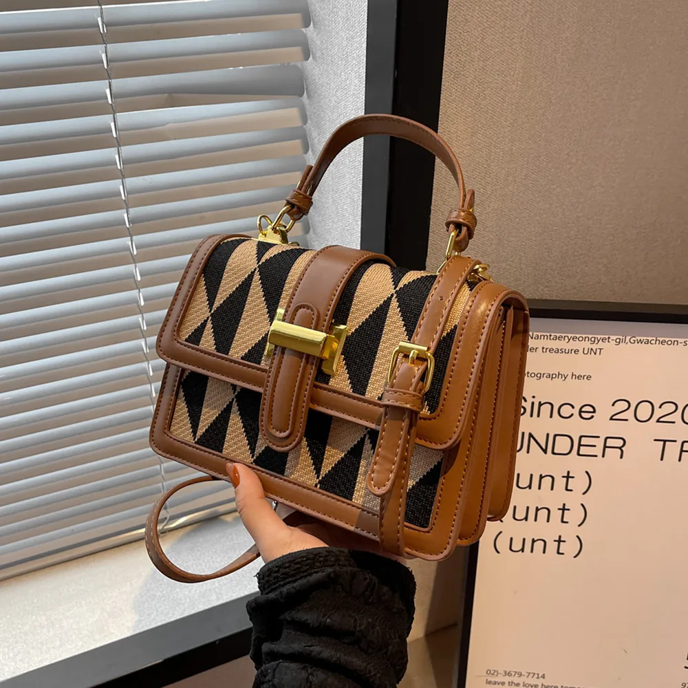 

Vintage Triangle Pattern Small Tote Handbags For Women New 2022 Trend Brand Designer Short Handle Ladies Shoulder Crossbody Bags