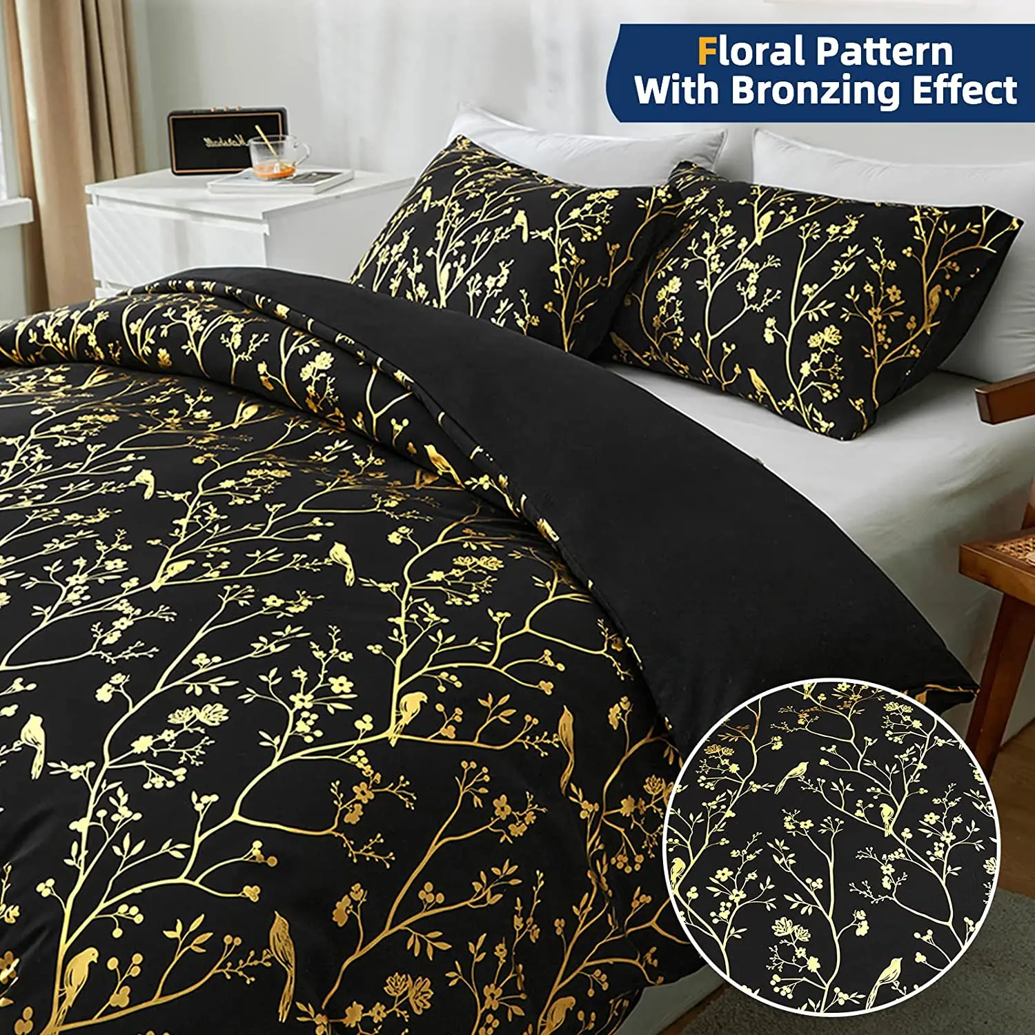 Комплект постельного белья с черным цветочным принтом |