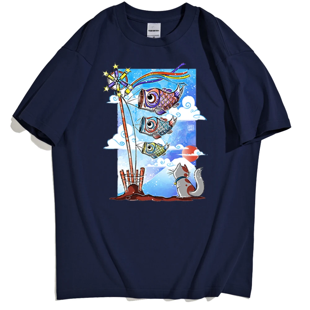  Japan Classic Koinobori Spring Men T-Shirts Cartoon Simple Pattern Tee Clothes For Mens Korean Brand Comfortable T Shirt Men'S