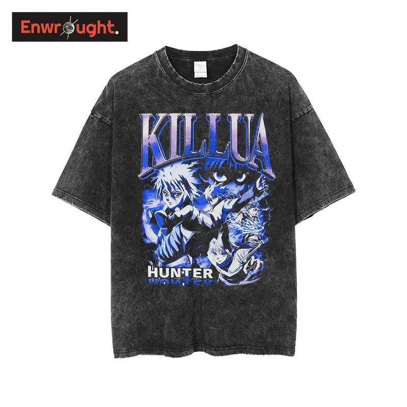 Anime Hunter X Hunter T Shirts Men Harajuku Vintage Washed Manga Killua Zoldyck Printed T-shirt 100% Cotton Hip Hop Tops Tees