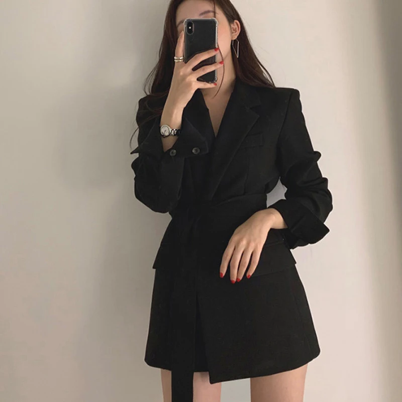 Women Long Outwear Jacket Sashes Fall OL Korean 2023 New Fashion Solid Blazers British Style Elegant Black Beige Blazer Coat
