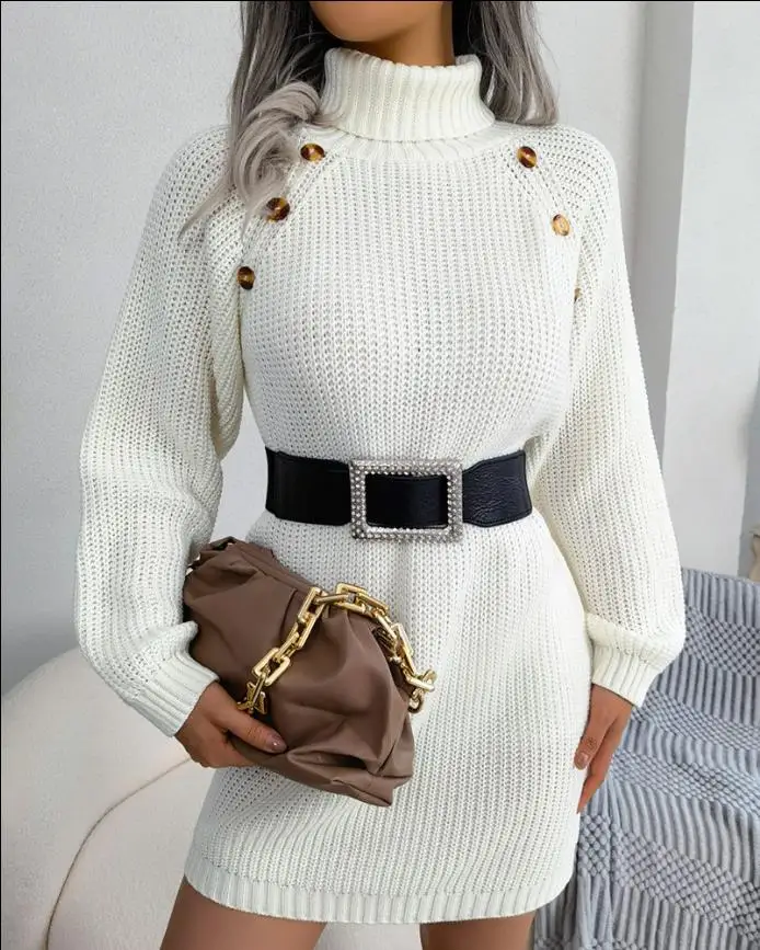 Купи Winter Clothes Women 2022 Fashion Long Sleeve Button High Neck Sweater Dress Casual Loose Warm Pullover Dress Elegant Office за 523 рублей в магазине AliExpress