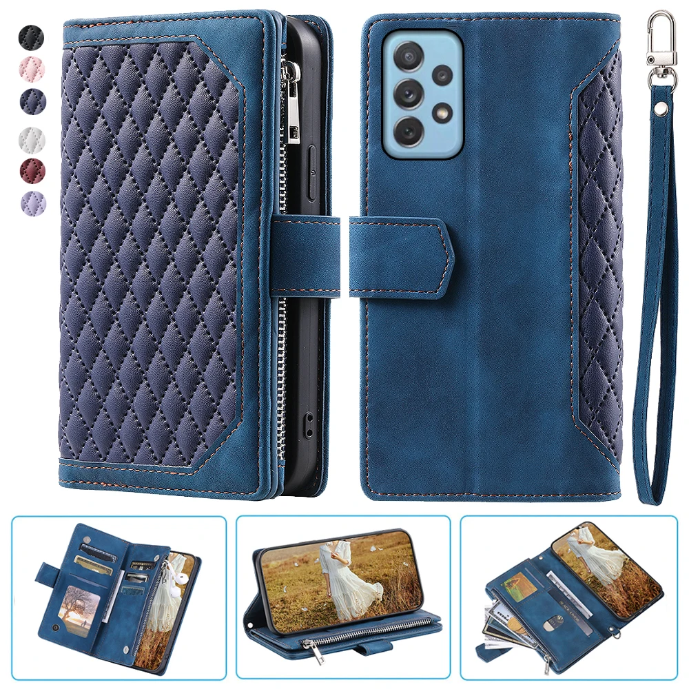 

For Samsung A72 4G Fashion Small Fragrance Zipper Wallet Leather Case Flip Cover Multi Card Slots Cover Folio with Wrist Strap