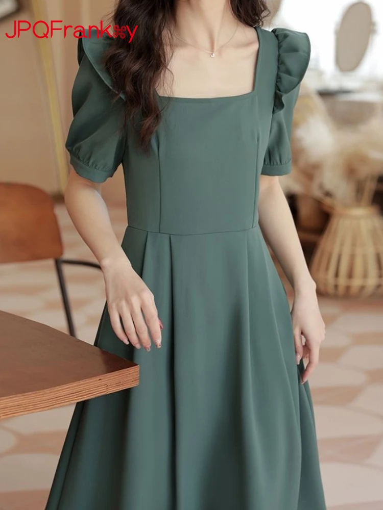 

Green Dress Summer New Square Collar Premium French Retro Design Waist Woman Dress Dresses for Women Maxi Dresses for Women
