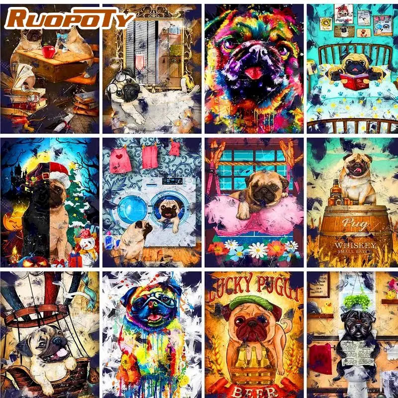 

RUOPOTY DIY Painting By Number Kits For Adults Pug Acrylic Pictures 40x50cm Coloring By Numbers Frame On Canvas Home Decors