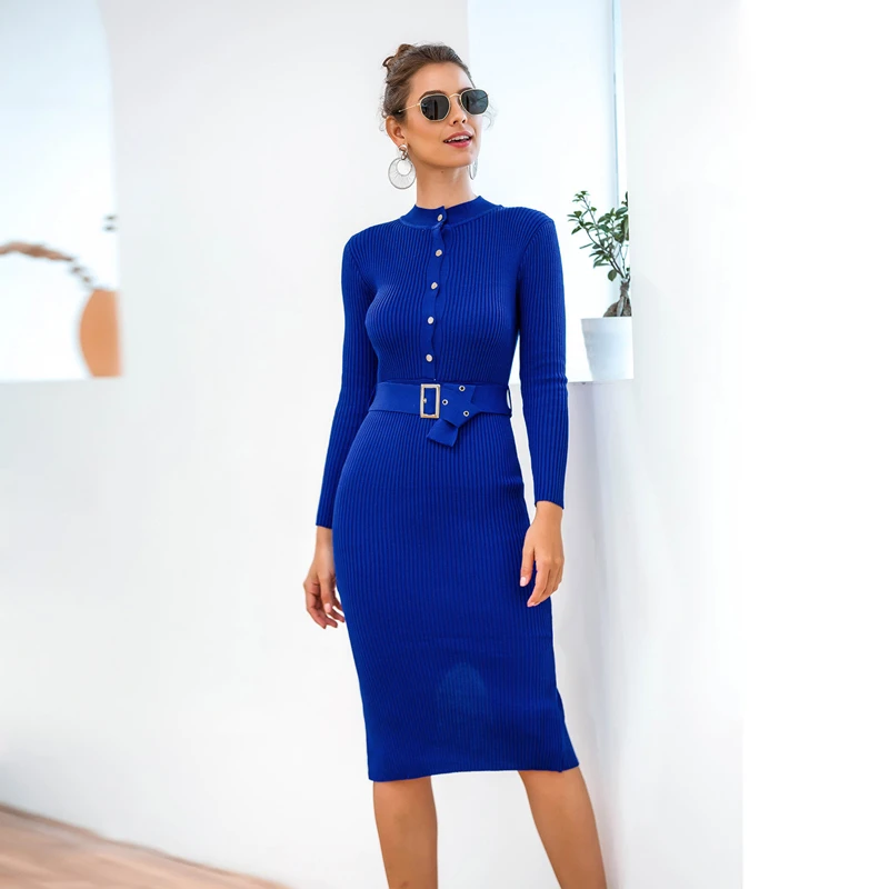 

Long Sleeve Midi Dress Knitted Fall Winter Fashion Pencil Dresses Multicolor Button Front With Belt Slim Fit Ladies Casual Wear