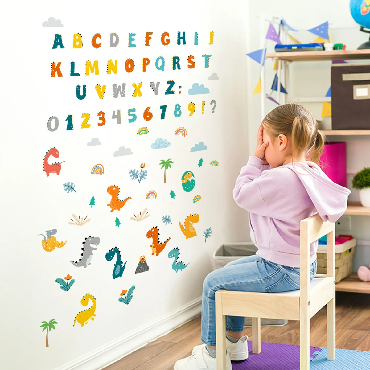 

Красочные наклейки на английском языке с динозаврами, цветы, декор для детской комнаты, настенные наклейки, креативные образованные самокл...