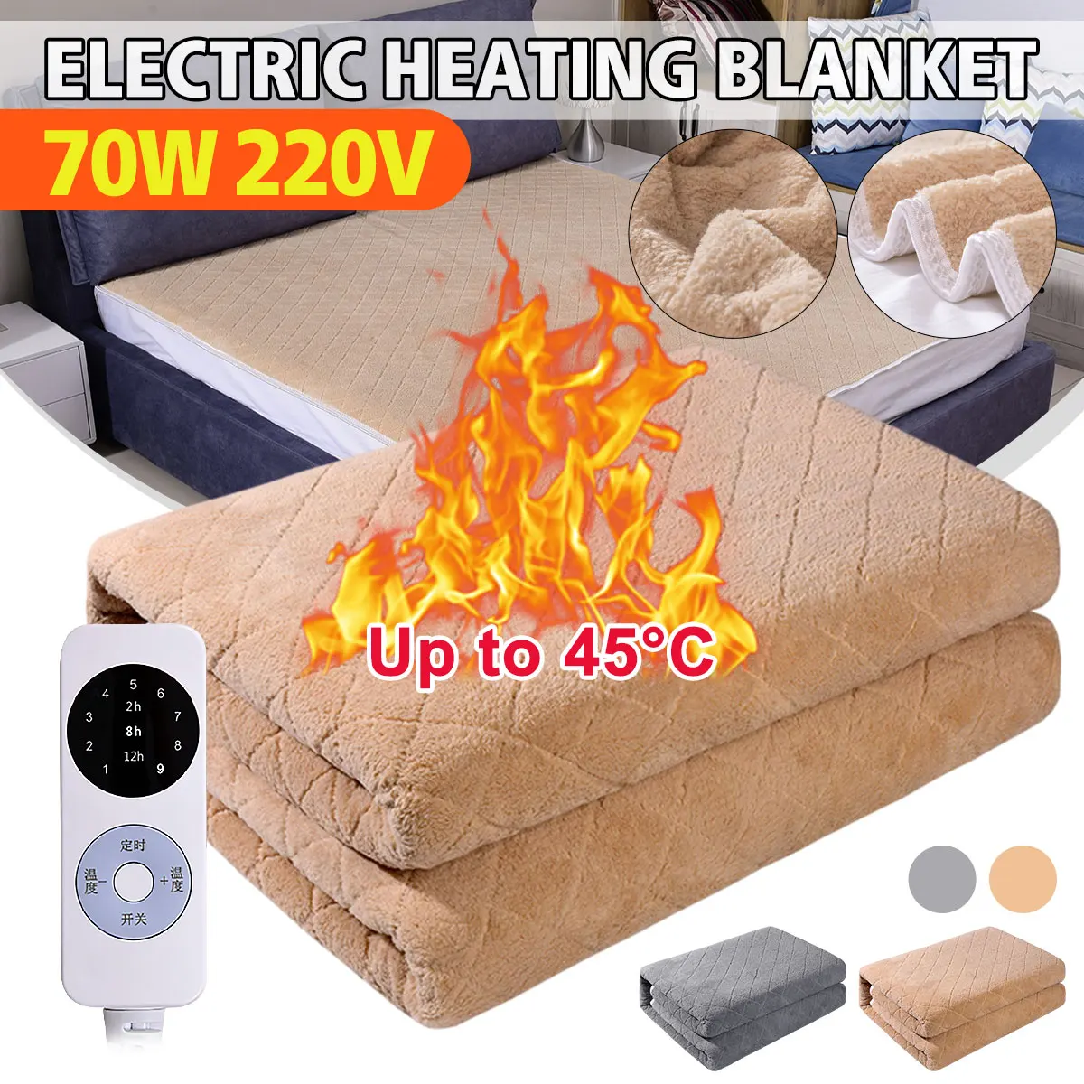 

15-45℃ Electric Blanket, 70W 220V Blanket Fast-Heating, Full Body Warming ETL Certified, 9 Temperature Settings Auto Off,