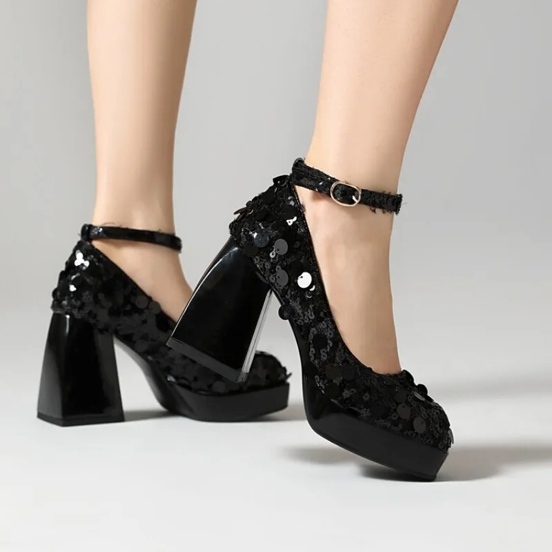 Женские туфли на высоком квадратном каблуке с блестками размеры 32-40