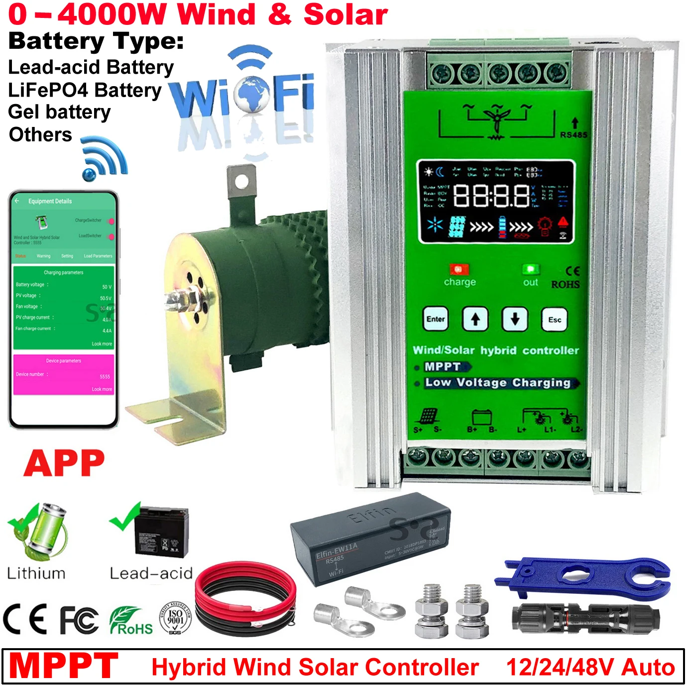 

3000W 12V 24V 48V MPPT Hybrid Solar Controller Wind Turbine Battery Equalizer With Dump Load LCD Display For Lifepo4 All Battery