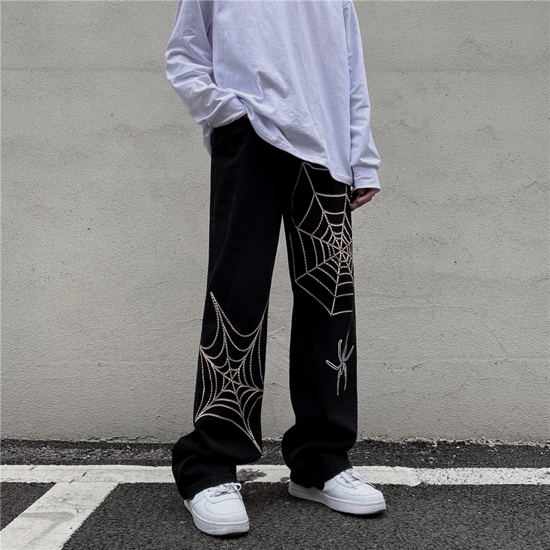 Y2k Men Casual Harajuku Black Streetwear Spider Web Hip Hop Pants Gothic Fairy Grunge Straight Wide Leg Trousers Alt Clothes