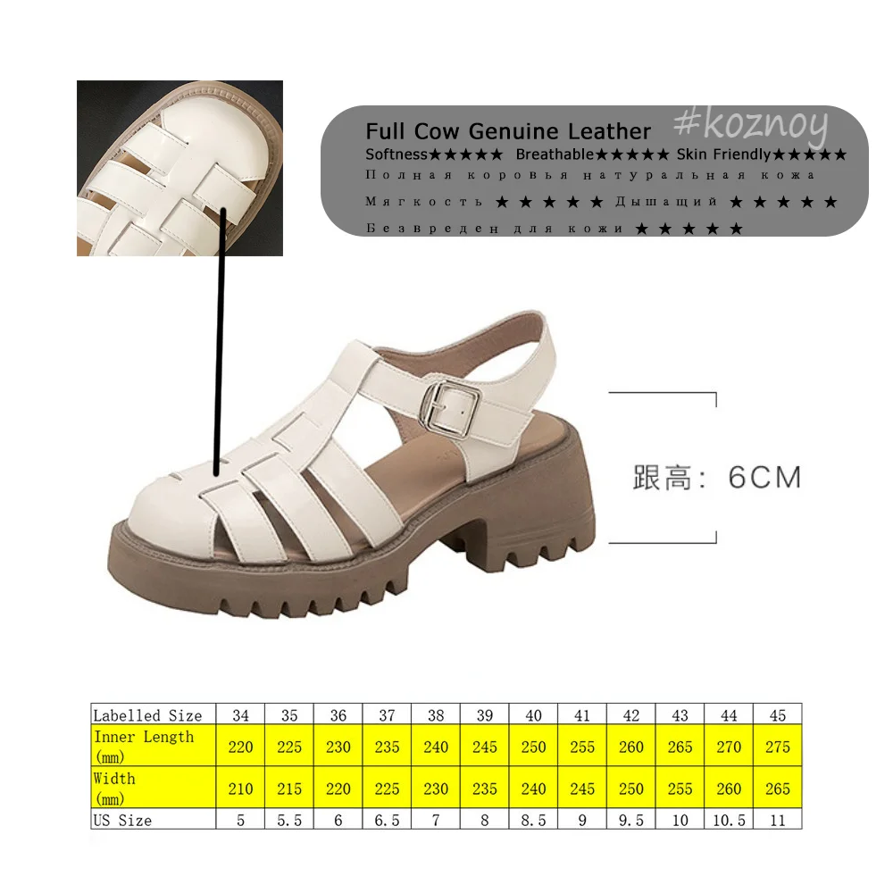 Koznoy Summer Women's Sandals 6cm Genuine Leather Hot Sale Platform Mujer Comfy Fashion Ladies Buckle Non Slip Chunky Heel Shoes