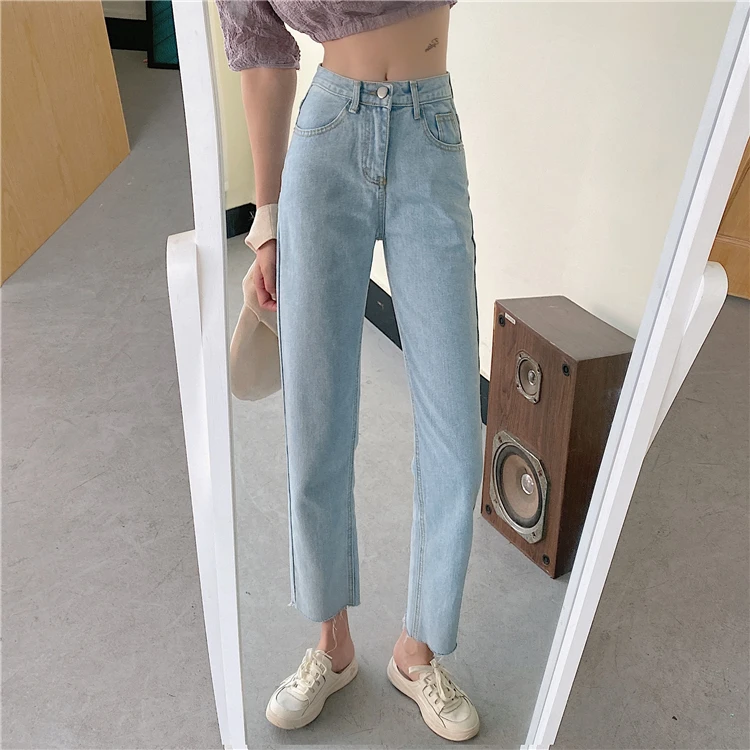 

DD1137 New high-waisted slim light-colored raw edge nine-point denim straight-leg jeans