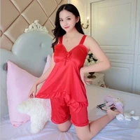 ladies sexy red sling pajama set pajamas sweet soft comfortable short sleeve t shirt and shorts