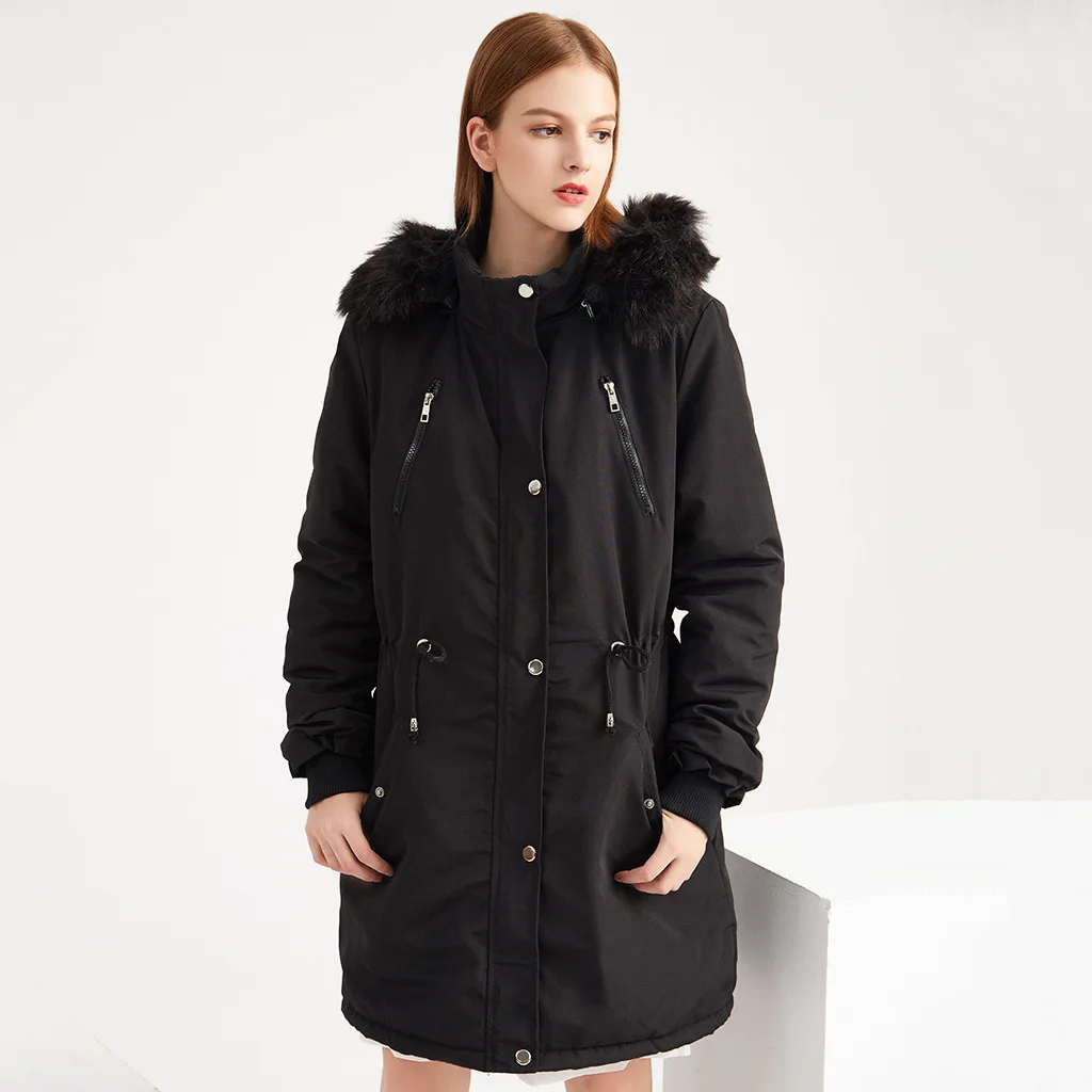 

Женское хлопковое пальто с капюшоном, однотонное теплое пальто средней длины со съемной шапкой и талией, европейские размеры, NXHC71, зима 2022