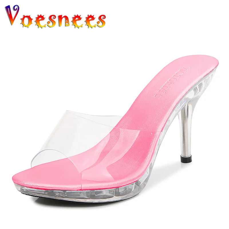 

New Outdoor Transparent Crystal Summer Sandals Women's Slippers 9cm Beach Ladies Clear High Heels Sexy Women Shoes Black Silver