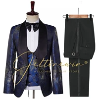 jeltonewin blue 3 pieces set men suit floral formal tuxedo for men groom wedding suits terno masculino completo trajes de hombre