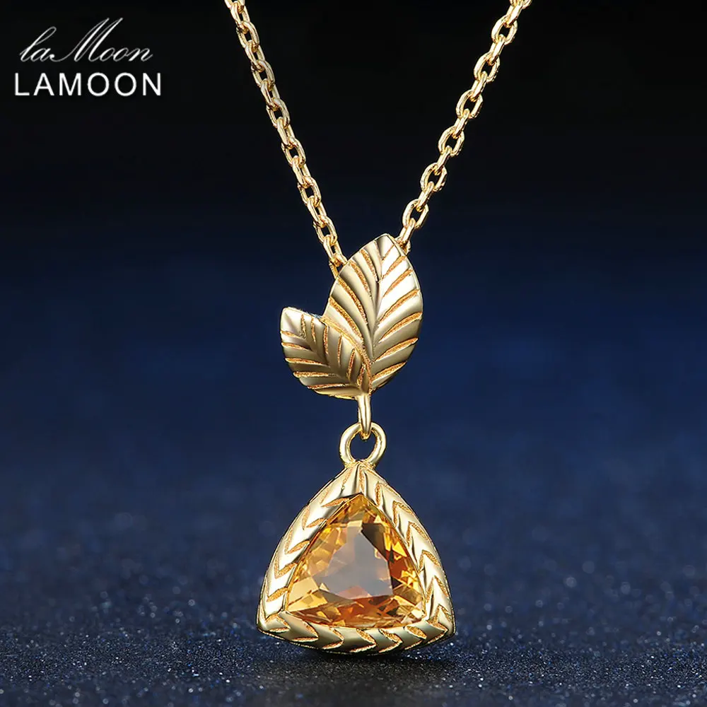LAMOON Natural Citrine Necklace For Women Vintage Leaf Gemstone Pendant 925 Sterling Silver Gold Plated Fine Jewelry NI012