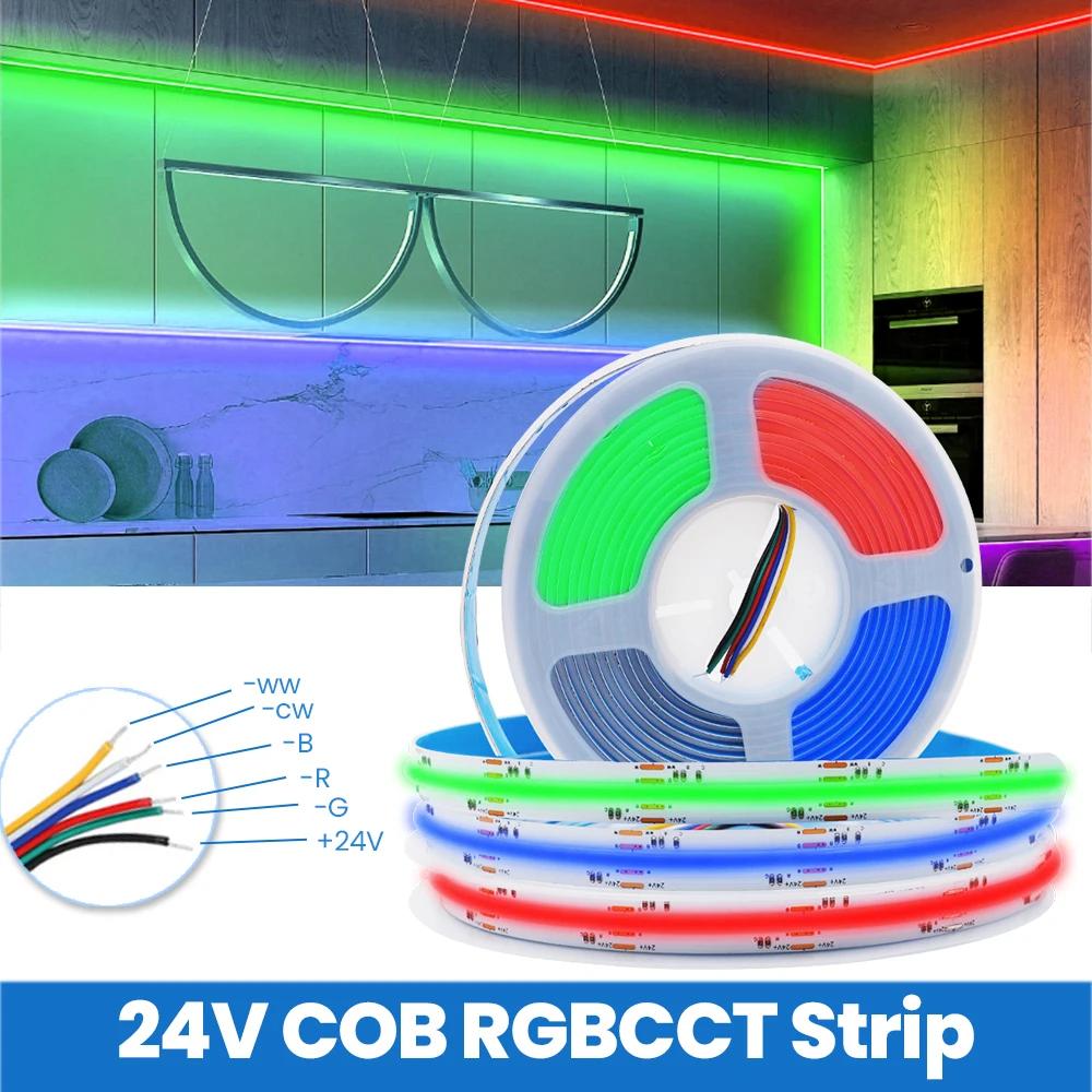 

RGBCCT COB LED Strip DC 24V 840LEDs/M Flexible High Bright Dotless Colorful FOB LED Tape Light Bar for Indoor Room Decor