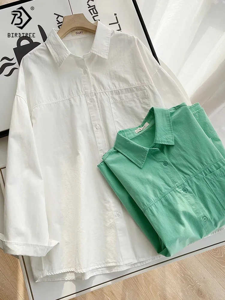 

2022 Autumn Women Oversize Cotton White Shirt Batwing Sleeve Pockets Turn-Down Collar Blouse Loose Causal Office Wear Basic Tops