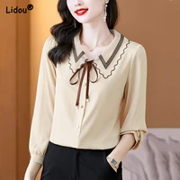 spring autumn solid color elegant turn down collar loose straight blouses thin office lady fashion shirts womens clothing 2022