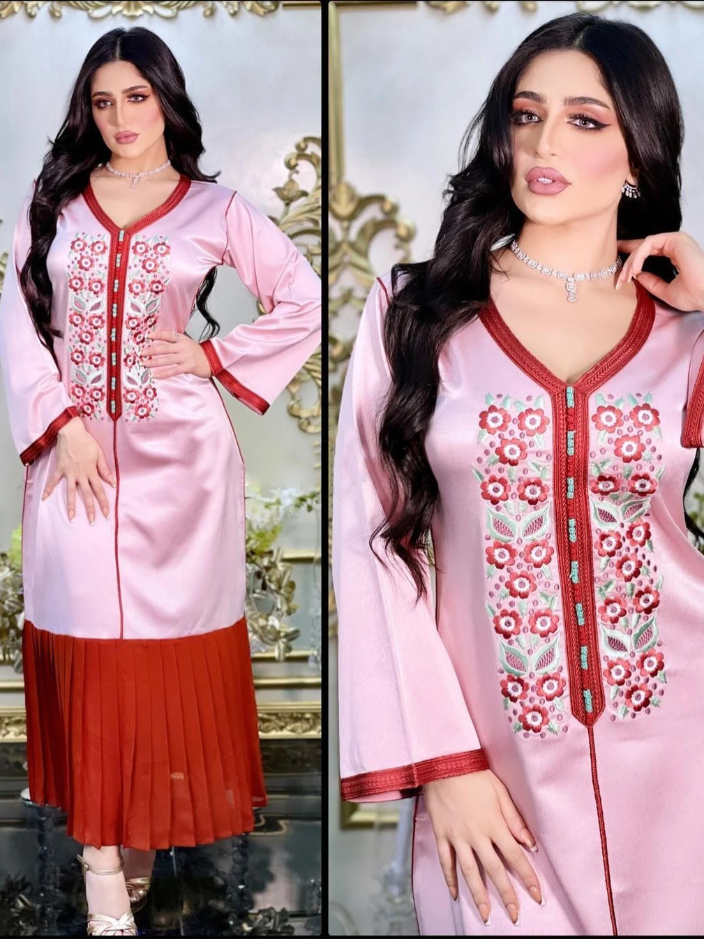 Eid Mubarak модное мусульманское женское платье абайя с цветочной вышивкой с лентой с V-образным вырезом Арабская Исламская вечерние плиссирова...