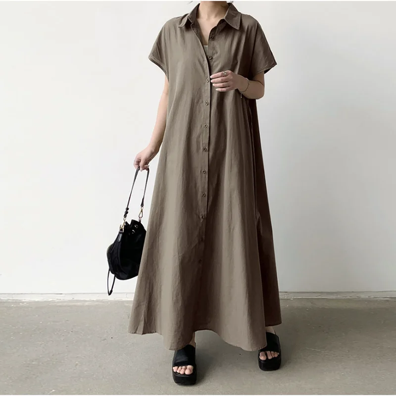 

Spring Summer Loose Shirt Dresses Fashion Female Short Sleeve Vintage Solid Casual Cotton and Line Dress Women Wrap Dresses