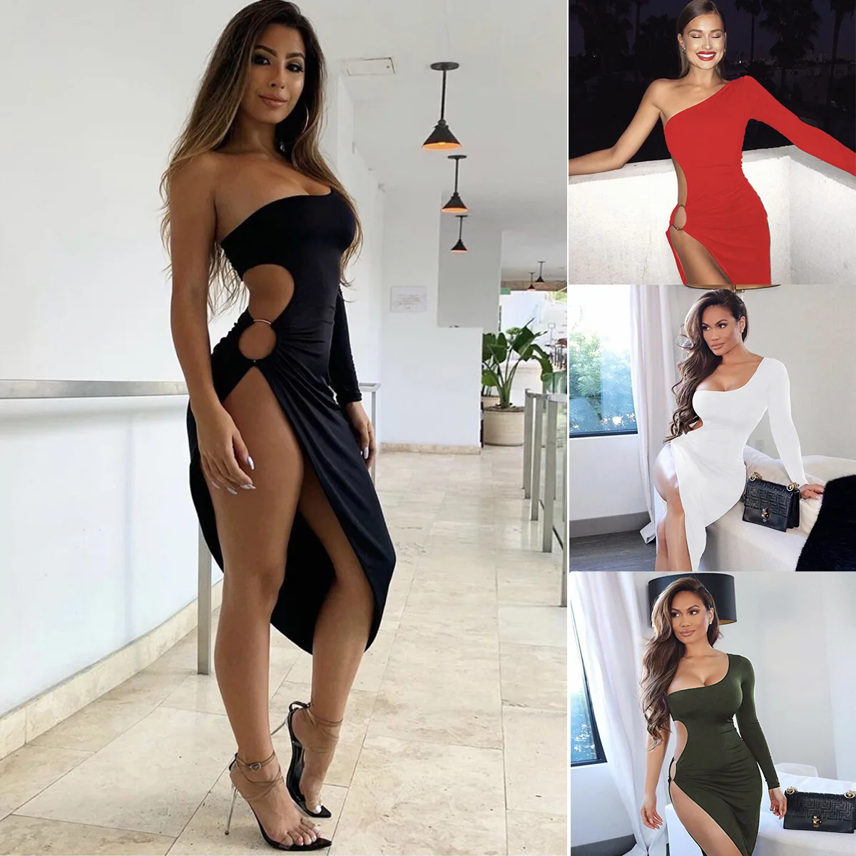 

One Shoulder Long Sleeve Ladies Dress Nightclub Sexy Cutout Slit Party Evening Xl