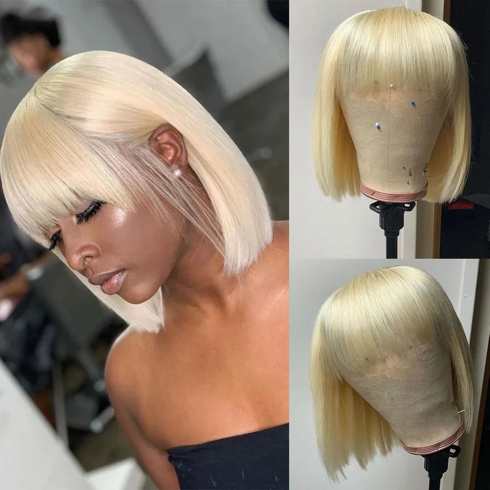 613 Light Blonde bob Human hair Costume wig blond hair with Bang for Women