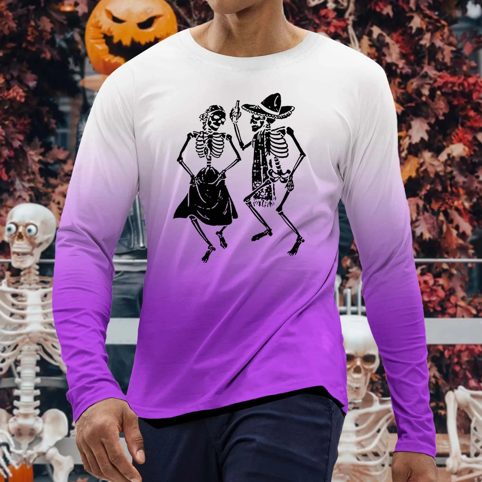 

Long Sleeve Shirt Woken Mens Halloween Horror Gradient Crew Neck T Shirt Long Sleeve Top Cotton Blend Long Sleeve Cat Shirts