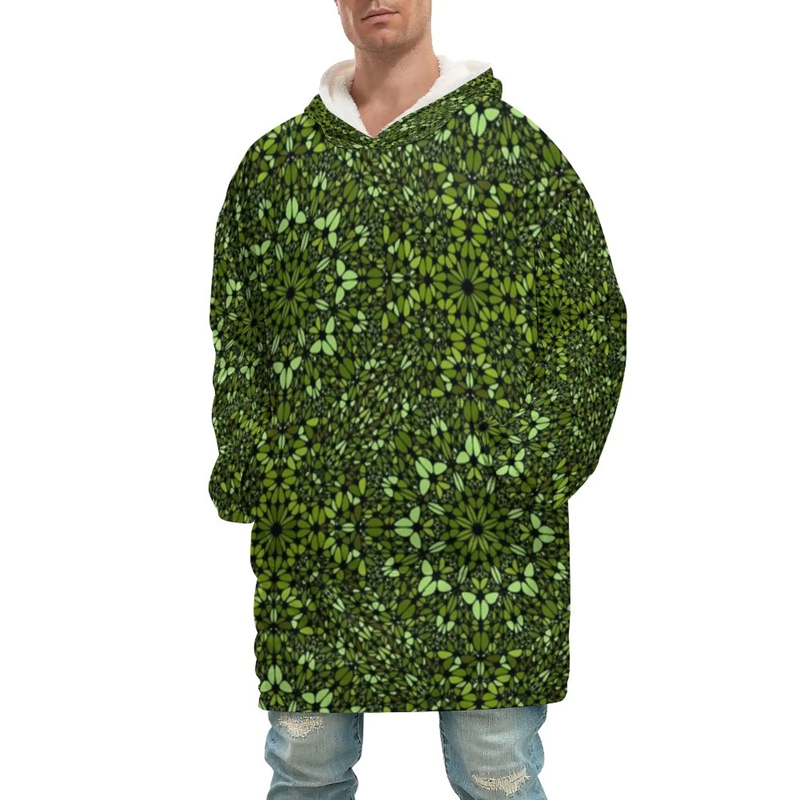 

Одеяло с абстрактной мандалой, зеленое Фланелевое теплое одеяло с геометрическим принтом, мужское одеяло с капюшоном и карманом для кемпин...