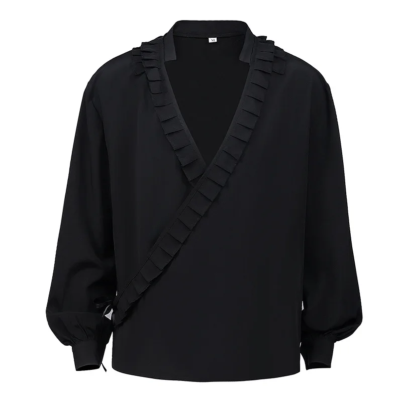 

Black Ruffles Stand Collar Long Sleeves Victorian Medieval Top Vintage Renaissance Pirate Shirt Goth Steampunk Black Shirt