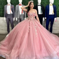 pink princess quinceanera dresses 3d flower lace appliques sleeveless beading ball gown off shoulder 15 years dress sweet 16