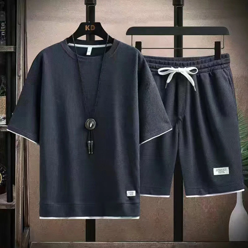 

Waffle Summer Men's Fake Two Piece Set Couple Loose Fashion T-shirt And Shorts Tracksuits Breathable Casual Men Outfits Suit