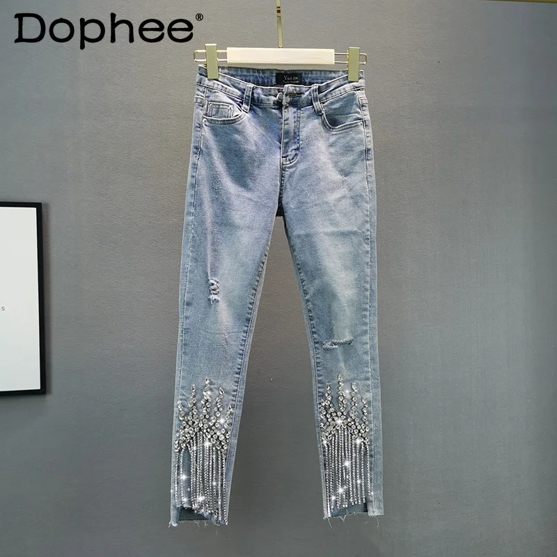 

Summer Thin Cropped Jeans Women Stretch Slim High Waist Denim Pants Femme Rhinestone Tassel Skinny Trousers Trendy 2022 Clothing
