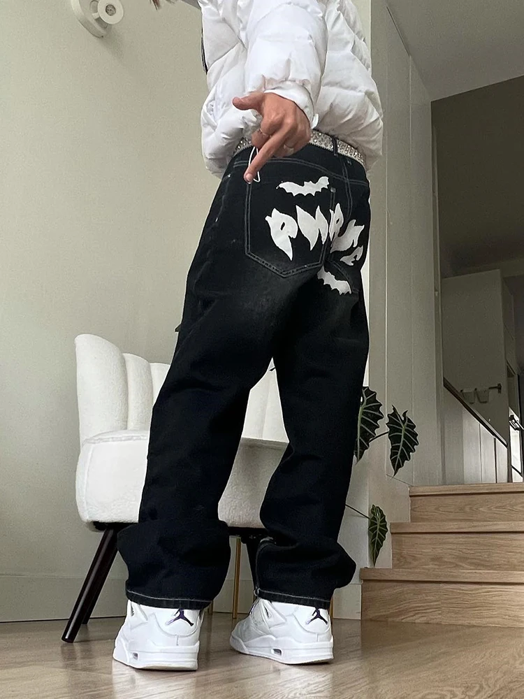 Hot Sale Printed Black Jeans For Men Y2K Fashion Graphic Painted Baggy Casual Trousers Loose Straight Leg Cotton Denim Pants New