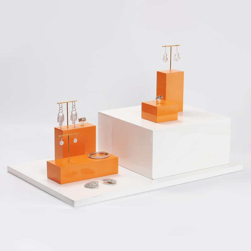 Oirlv Minimalism Orange Gloss Lacquered Solid Wood Ring Bracelet Square Holder Earring Pendant Jewelry Organizer Display Set