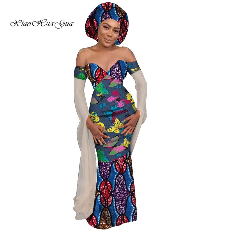 

Sexy Off Shoulder Ankara Dress Women Long Yarn Sleeve Maxi African Dress with Headtie African Wax Print Robe Africaine WY6851