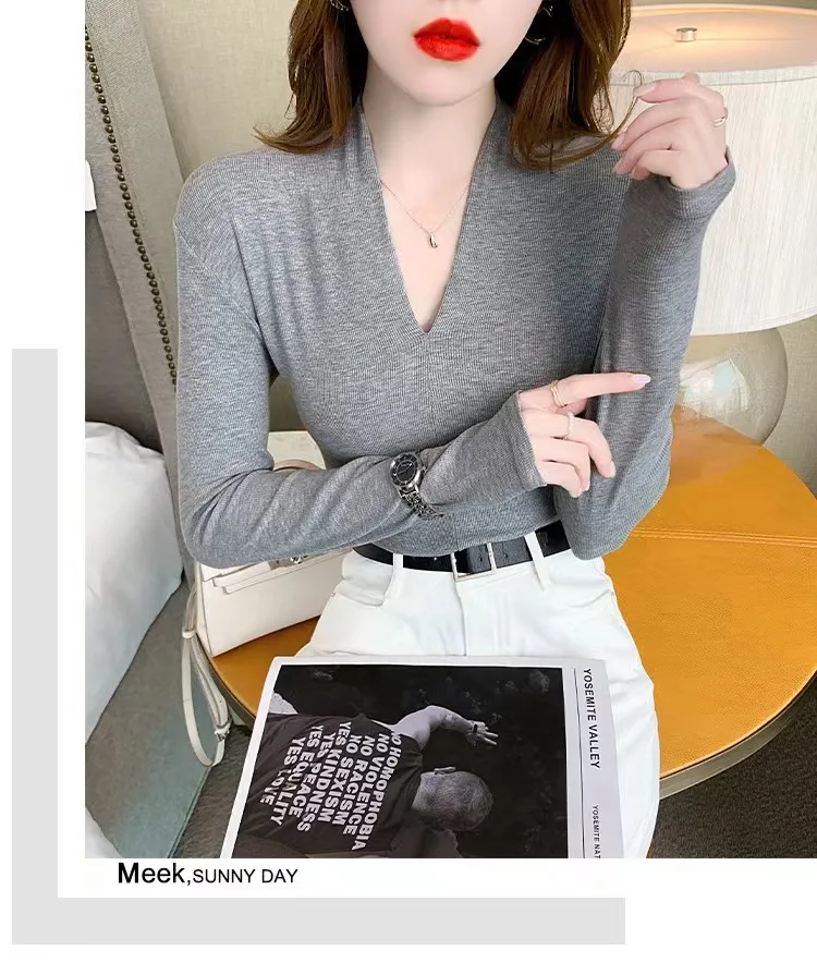 

2022 Autumn New Arrival High Quality Women's Fashion Skinny Colorful Shirts Sexy V-neck Elastic All-around Top