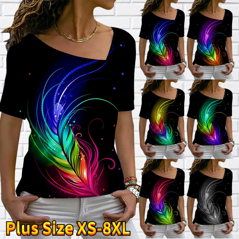 

2022 New Women V-neck T-Shirt Summer Fashion Casual Short Sleeve Loose Size Tops Ladies 3D Feather Print Tee Everyday Tops Tee