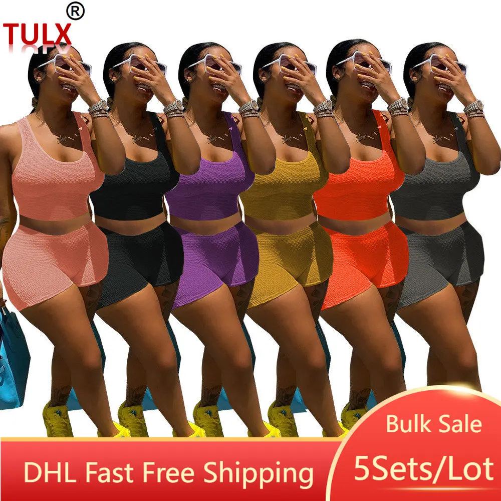 

5Sets Wholesale Women Two 2 Piece Set Short Tracksuits Outfits Corp Tank Tops + Shorts Fitness Gym Sport Casual Summer Wear 9492