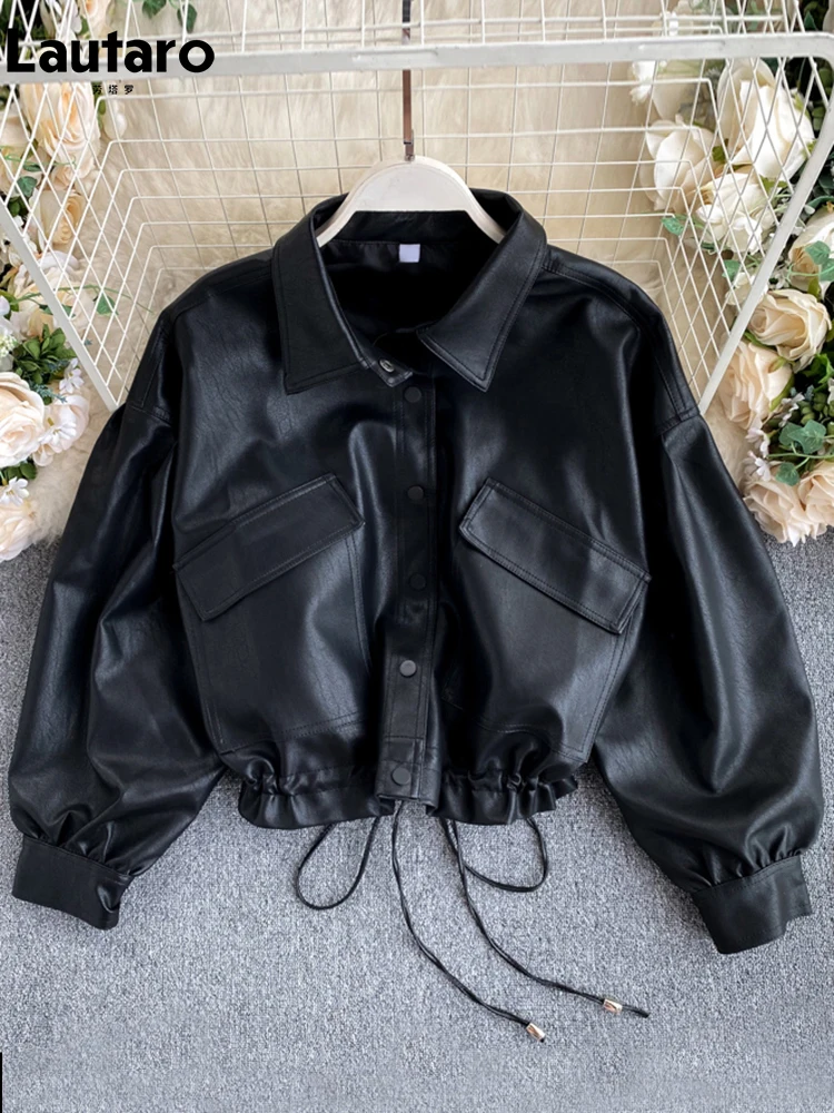 

Lautaro Spring Autumn Short Black Oversized Light Soft Pu Leather Jacket Women Long Sleeve Casual Loose Korean Fashion 2022