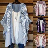 lace floral kimono cardigan women print puff sleeve loose bikini cover up beach holiday casual blouse ladies tops pullover tunic