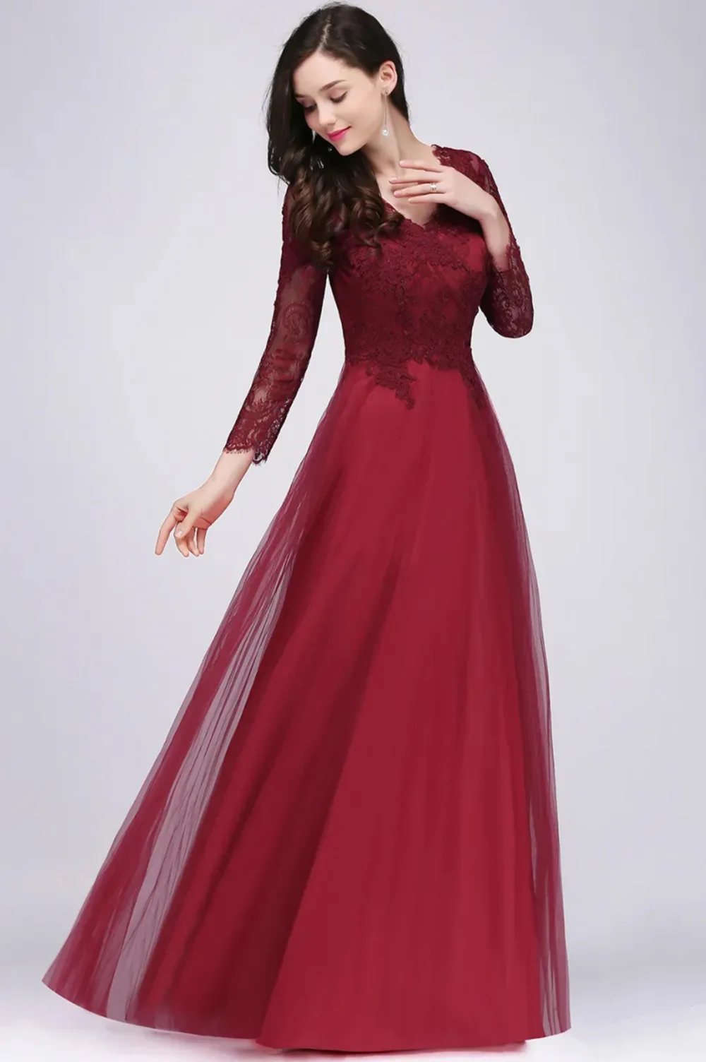 

Formal Evening Dresses A Line V-Neck Long Sleeve Floor-Length Applique Lace Tulle long Backless Illusion Custom
